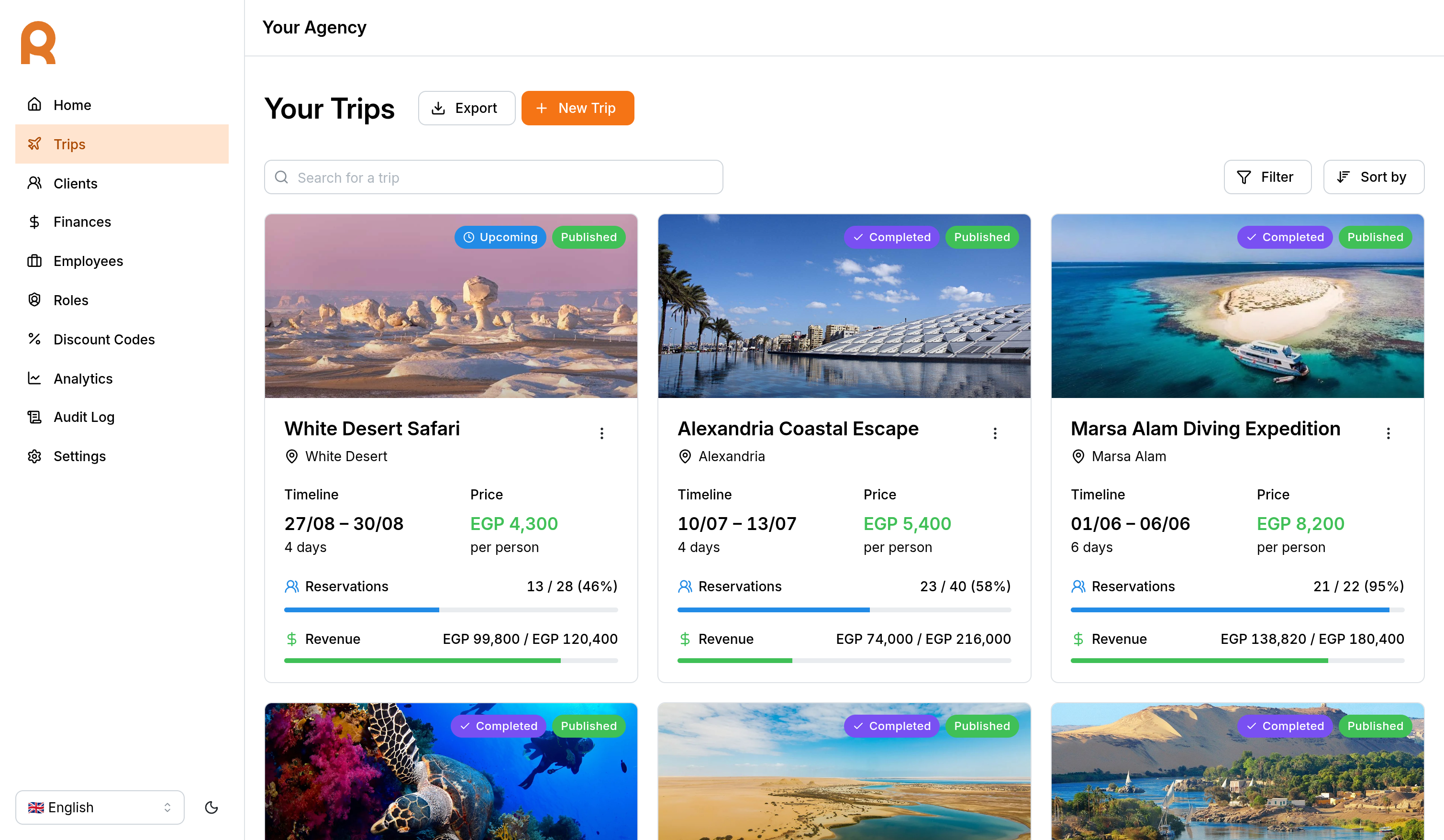 Trips page in the admin web app